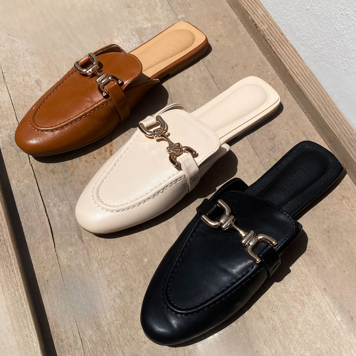 Mules plates en cuir -Camel