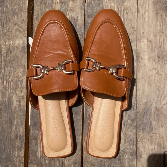 Mules plates en cuir -Camel